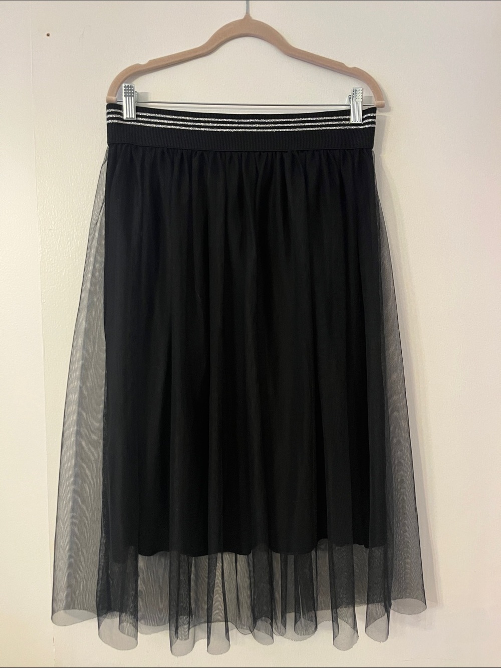Black Midi Tulle Skirt with Striped Elastic Waistband